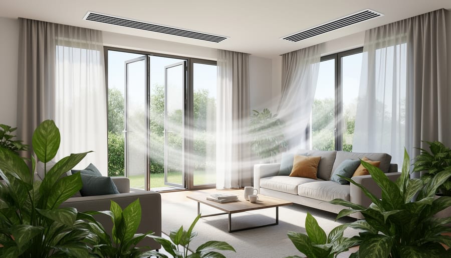Bright living room scene with an open window and HVAC vent in the foreground indicating improved indoor air freshness.