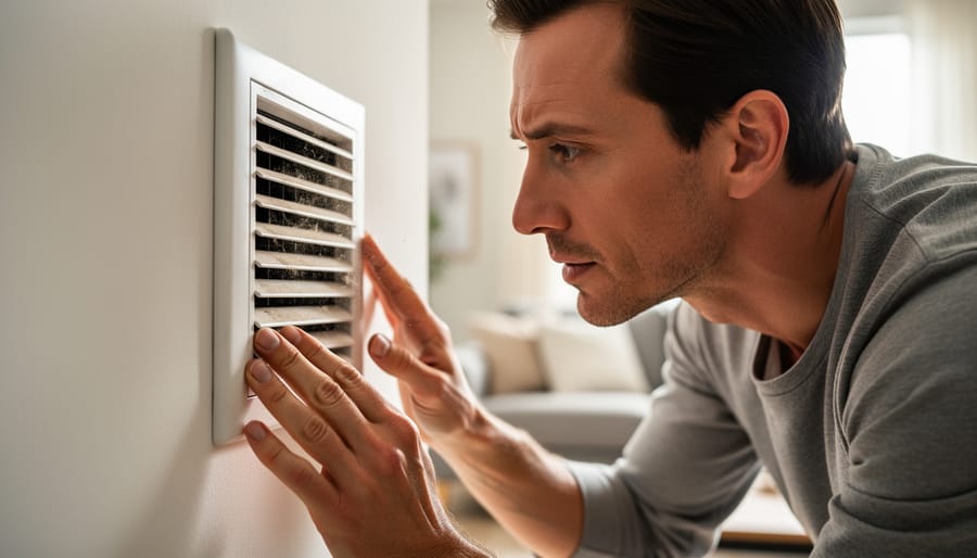 Homeowner inspecting an HVAC vent with a flashlight in a living room.
