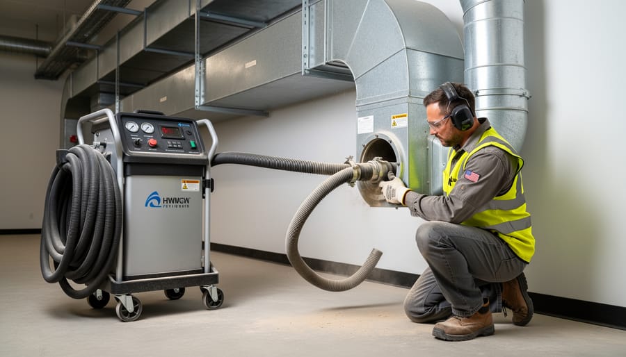 HVAC technician using industrial vacuum equipment connected to a duct opening in a basement.