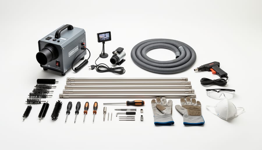 Air duct cleaning kit tools, including flexible rods, brushes, vacuum attachments, and cleaning solution laid on a workbench