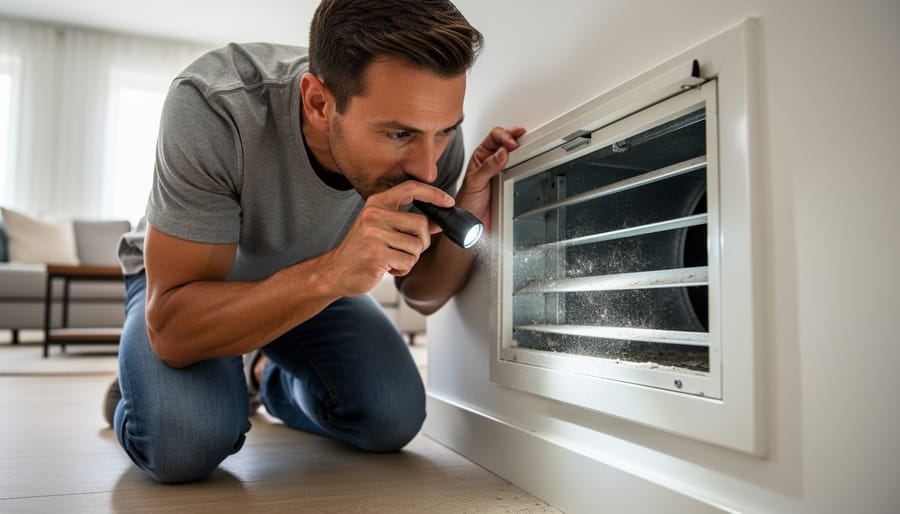 Homeowner inspecting an HVAC air vent with a flashlight while wearing gloves in a home hallway