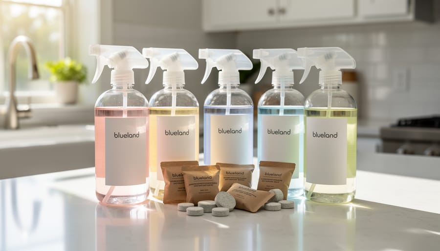 Refillable spray bottle system and cleaning tablets arranged on a kitchen counter.