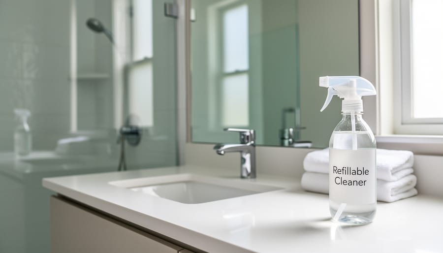 Clean bathroom sink and mirror with fresh water droplets and reflective surfaces.
