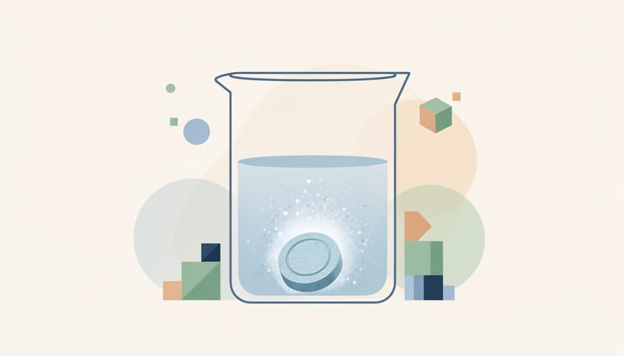 Close-up of cleaning tablet dissolving in a clear basin beside a reusable container.