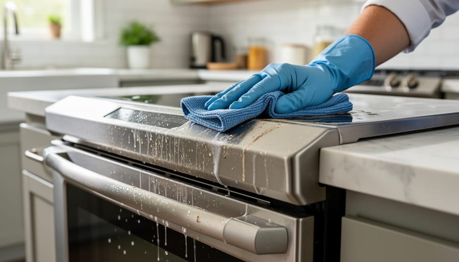 Gloved hands scrubbing a stainless-steel kitchen faucet and sink during deep cleaning