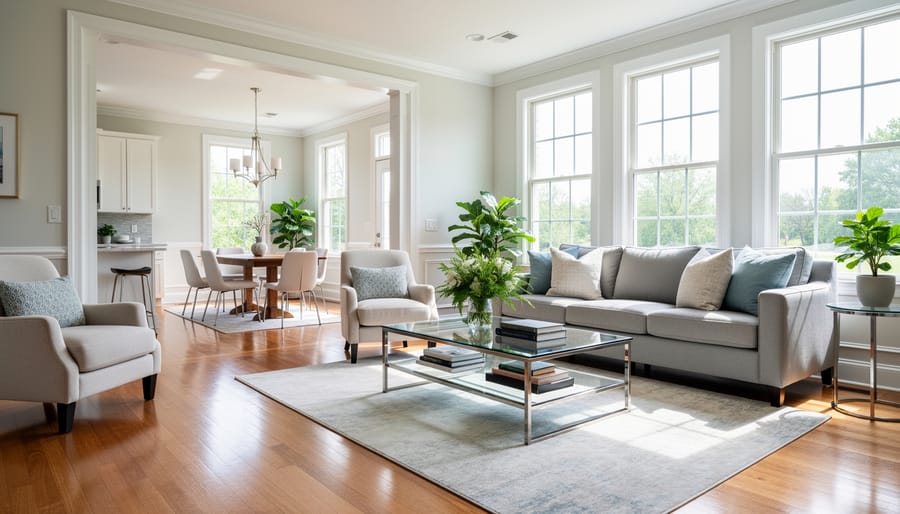 Bright living room in a freshly deep-cleaned apartment with spotless floor and neatly arranged cleaning supplies